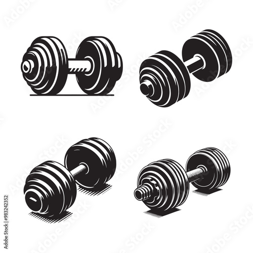 Vector Dumbbells Silhouette Set , Black and White Dumbbells Silhouettes, Dumbbell Silhouettes 