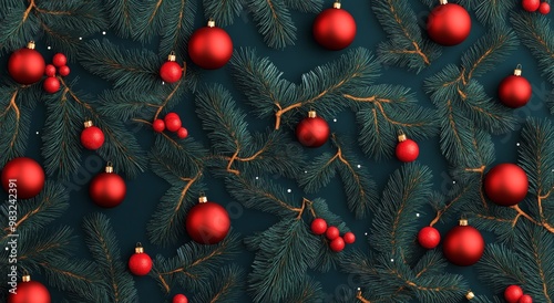 Festive arrangement of red ornaments and evergreen branches on a green backgr...