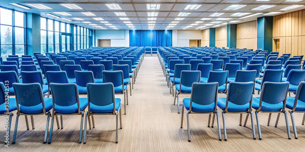 Fototapeta premium Empty conference hall with blue chairs Rear view