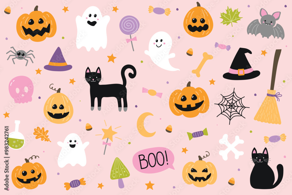 Naklejka premium Cute Halloween icon collection. Vector illustration