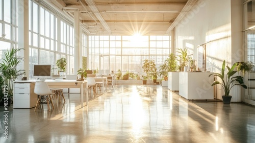 A sunlit coworking space with modern white desks, minimalist furniture, and light bouncing off polished floors, creating a bright, open work environment with no people present.