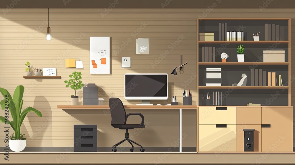 A technical cross-section of a home office, featuring practical storage options, sleek furniture, and clean architectural lines in a calm, clutter-free space. A technical cross-section of a home office, featuring practical storage options, sleek furniture, and clean architectural lines in a calm, clutter-free space.
