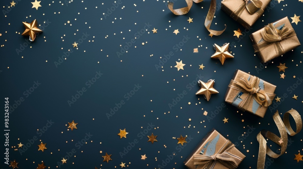 illustration of blue gifts with golden bows and ribbons placed on blue background near stars illustration of blue gifts with golden bows and ribbons placed on blue background near stars