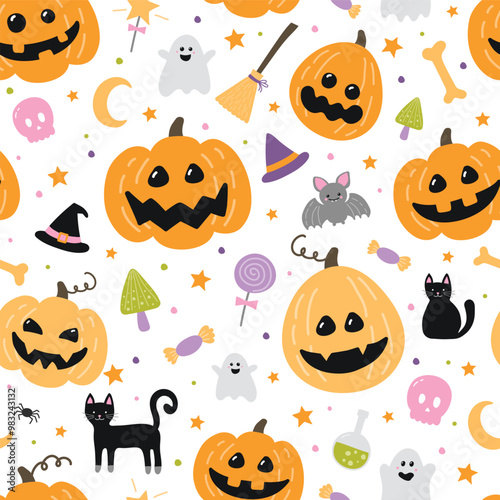 Cute Halloween seamless pattern. Background design. Vector illustration