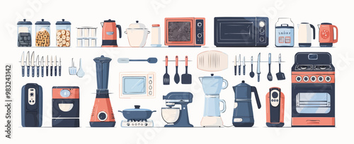 Kitchen appliances and culinary utensils on a white background. Vector flat isolated illustration.