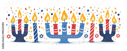 A cheerful Hanukkah celebration with a menorah lit with candles and dreidels spinning on a white background. Vector flat minimalistic isolated illustration.