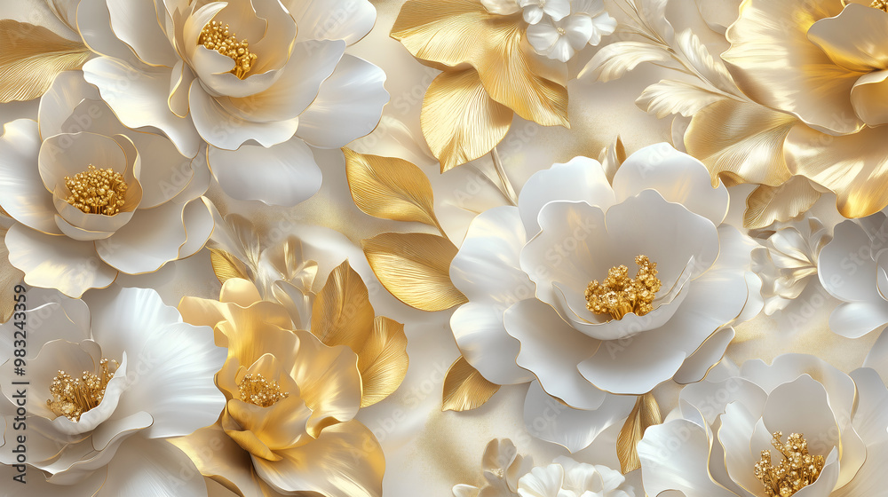 Elegant Rococo floral relief design with white and gold accents in ornate background Elegant Rococo floral relief design with white and gold accents in ornate background