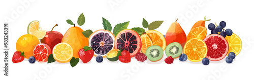 Healthy fruits on a plain white backdrop. Vector flat isolated illustration.
