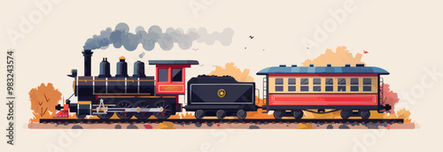Nostalgic model train with locomotive, cars, and tracks Vector flat minimalistic isolated illustration