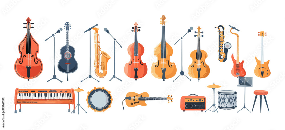 Musical instruments on a clean white surface. Vector flat isolated illustration.