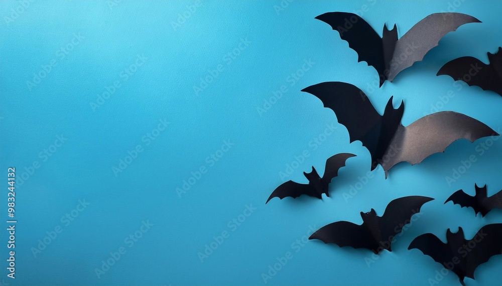 Naklejka premium black cardboard bats on blue background, top view with space for text