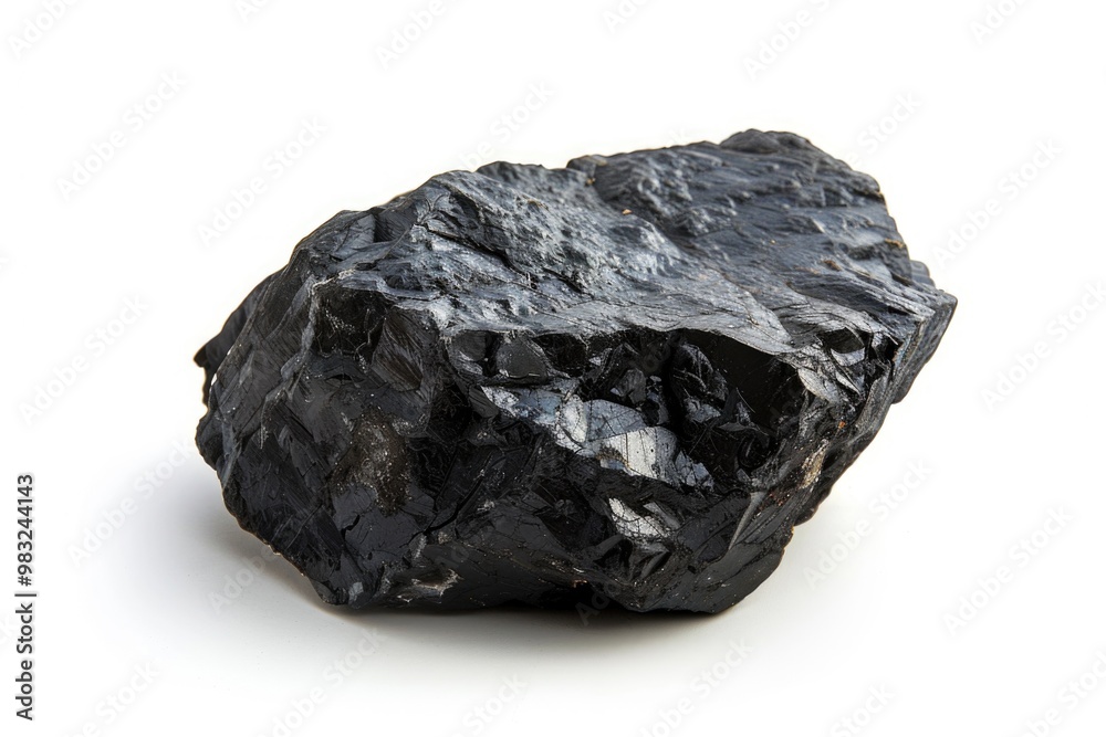 A single piece of coal sits on a clean and pure white surface, contrasting the two textures A single piece of coal sits on a clean and pure white surface, contrasting the two textures