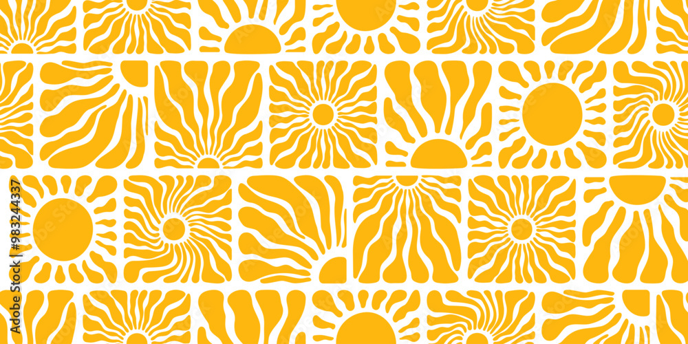Sun groovy seamless pattern. Various yellow floral hippie square elements, hand drawn abstract wavy pattern in modern retro Matisse style. Vector illustration isolated on transparent background