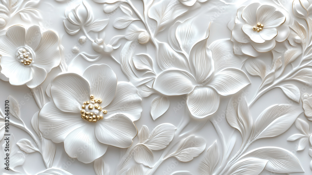 Elegant Rococo white and gold floral relief design showcasing intricate detailing and texture Elegant Rococo white and gold floral relief design showcasing intricate detailing and texture