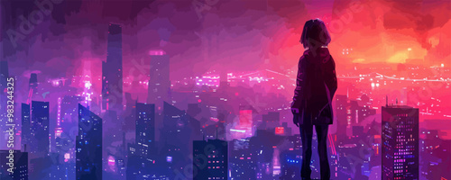 yberpunk robot girl looks out over the city at night. Neon and ultraviolet lights of skyscrapers. vector simple illustration