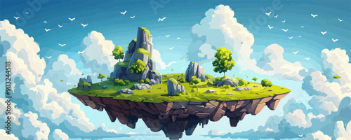 Green rocky flying island Colorful cartoon modern . vector simple illustration