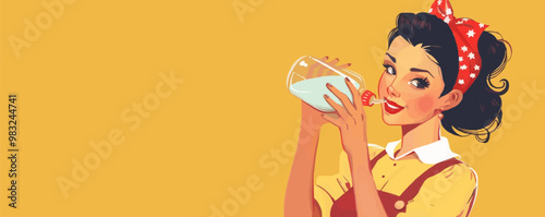 Cute pin-up babysitter in retro clothes, holding a baby bottle, flat, vector illustration, pin-up style.