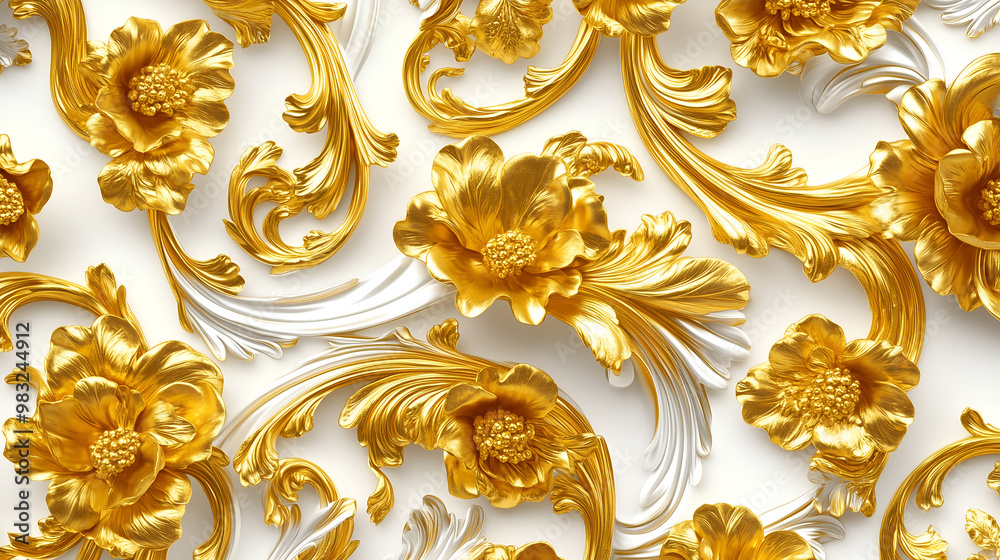 Intricate Rococo floral relief in elegant white and gold design for a luxurious aesthetic Intricate Rococo floral relief in elegant white and gold design for a luxurious aesthetic