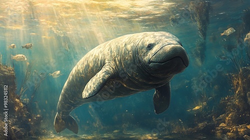 Manatee Swimming Underwater in a Tropical Ocean