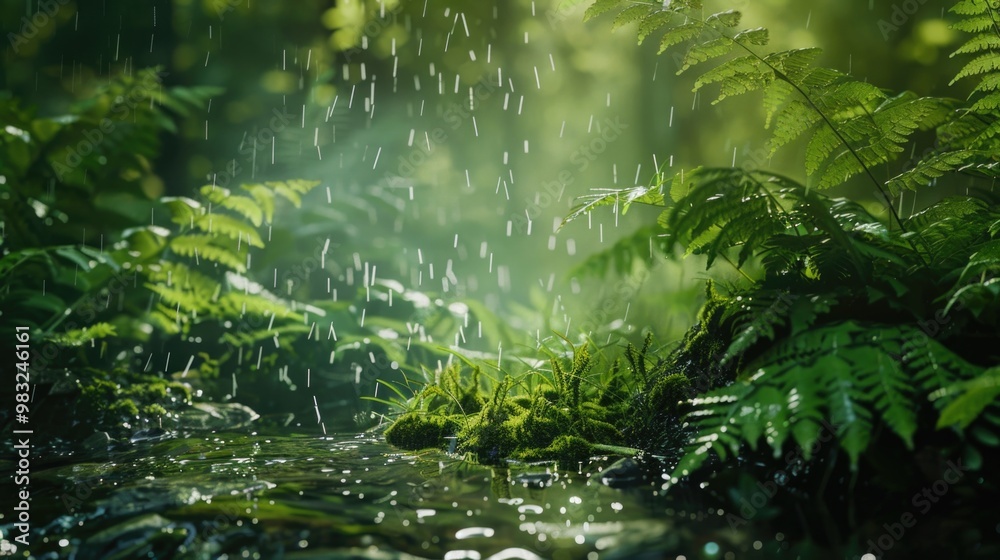 A serene and peaceful scene of a stream flowing through a dense forest with lush green foliage A serene and peaceful scene of a stream flowing through a dense forest with lush green foliage
