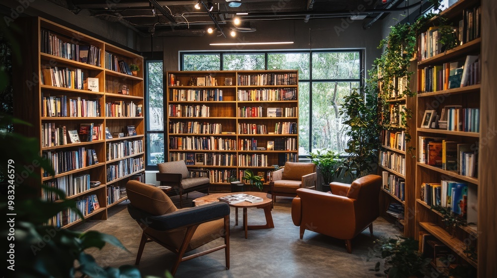 A warm coworking space filled with books and wooden shelves, accented by cozy armchairs and natural lighting, providing a serene, book-filled environment for working, without any people. - A warm coworking space filled with books and wooden shelves, accented by cozy armchairs and natural lighting, providing a serene, book-filled environment for working, without any people. -