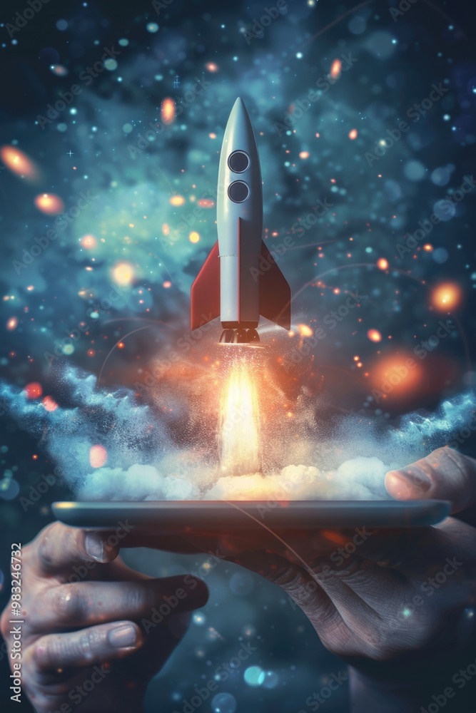 Fototapeta premium A person holds a tablet computer as a rocket blasts off from the screen