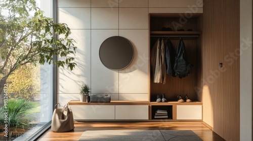 A zoomed-in technical view of a home entryway, focusing on clean architectural lines, functional storage for shoes and coats, and a minimalist aesthetic. photo