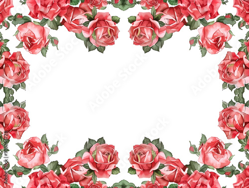 Watercolor illustration of a Valentine's Day card adorned with pink roses and green foliage