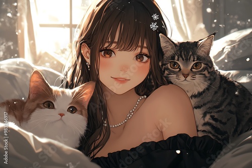 Anime girl with two cats in a cozy winter scene.  Sweet illustration perfect for cat lovers and anime fans. photo