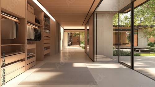 A zoomed-in technical view of a modern home entryway, emphasizing clean lines in the architecture and functional design choices like built-in storage and smart lighting.