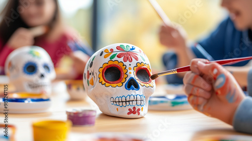 A community event celebrating Hispanic Heritage, where people are painting sugar skulls for DÃ­a de los Muertos. The table is filled with bright paints, brushes, and blank sugar sku photo