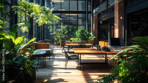 An inviting outdoor coworking space featuring spacious desks, vibrant seating, and natural elements like potted plants and sunlight, creating a calm atmosphere with no people. photo