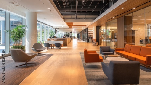 An open-concept co-walking space featuring interconnected paths, cozy seating nooks, and a clean, modern design, promoting casual interactions while walking.