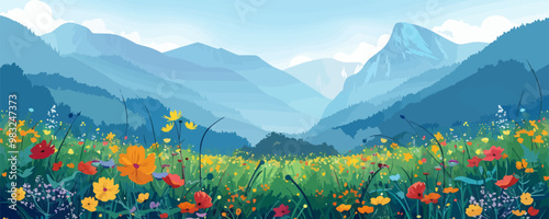Meadow amidst mountains, adorned with vibrant flowers and grasses. Vector flat minimalistic isolated illustration.
