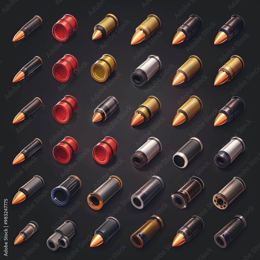 UI HUD 3D game icons of magazines ammo bullets cartoony stylized simple casual sharp crisp