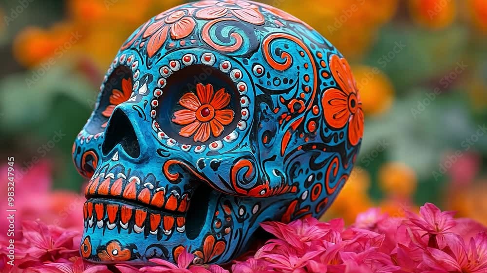 Colorful handcrafted sugar skull surrounded by vibrant flowers in a festive garden setting Colorful handcrafted sugar skull surrounded by vibrant flowers in a festive garden setting