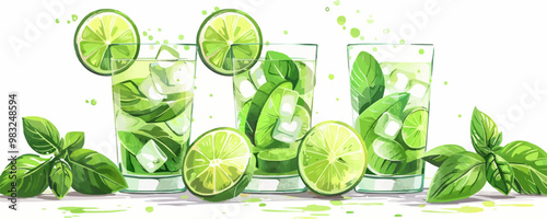 cold drink basil cucumber lime vector flat isolated illustration