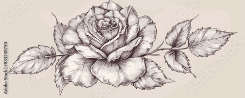 Line rose with leaves. Vector hand drawn. vector simple illustration