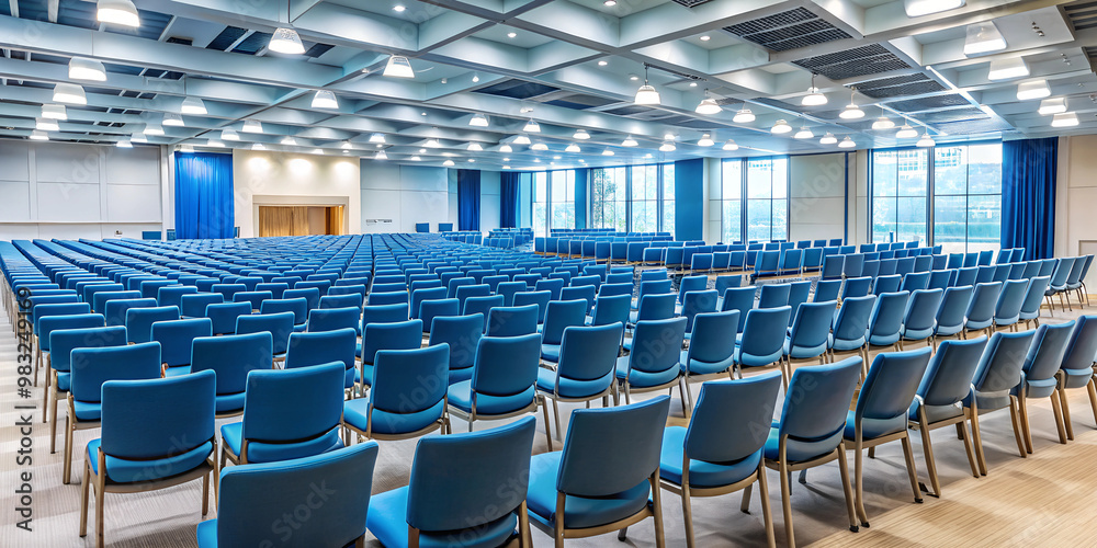 Fototapeta premium Empty conference hall with blue chairs Rear view