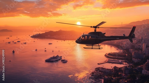 Scenic Sunset Helicopter Flight over Coastal City