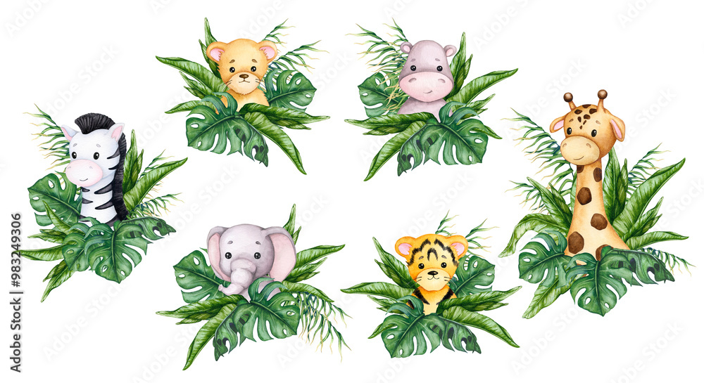 Fototapeta premium Cute African Animals: Tiger, Hippo, Giraffe, Elephant, Lion, Zebra. Watercolor composition set for birthday, gender party, baby shower, kids party. Illustration for poster, invitation, greeting card.