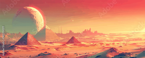 Futuristic landscape with views of the pyramids and the city. vector simple illustration