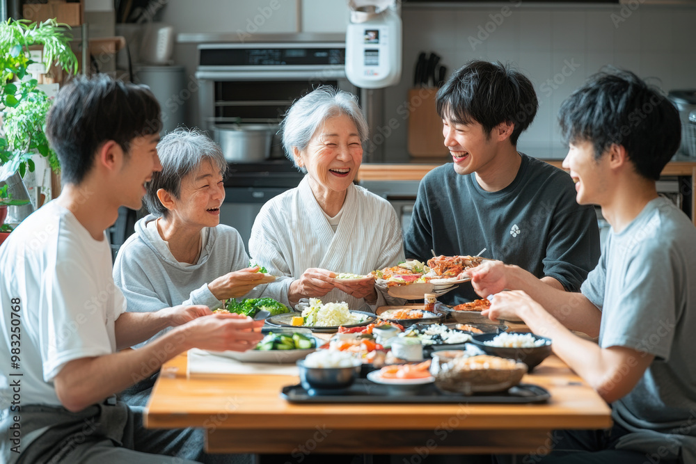 家のダイニング・食卓で食事をする家族・三世代家族・ファミリー
家のダイニング・食卓で食事をする家族・三世代家族・ファミリー