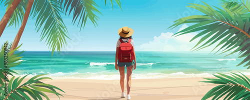 Woman solo traveller enjoying summer vacation ocean vector simple illustration