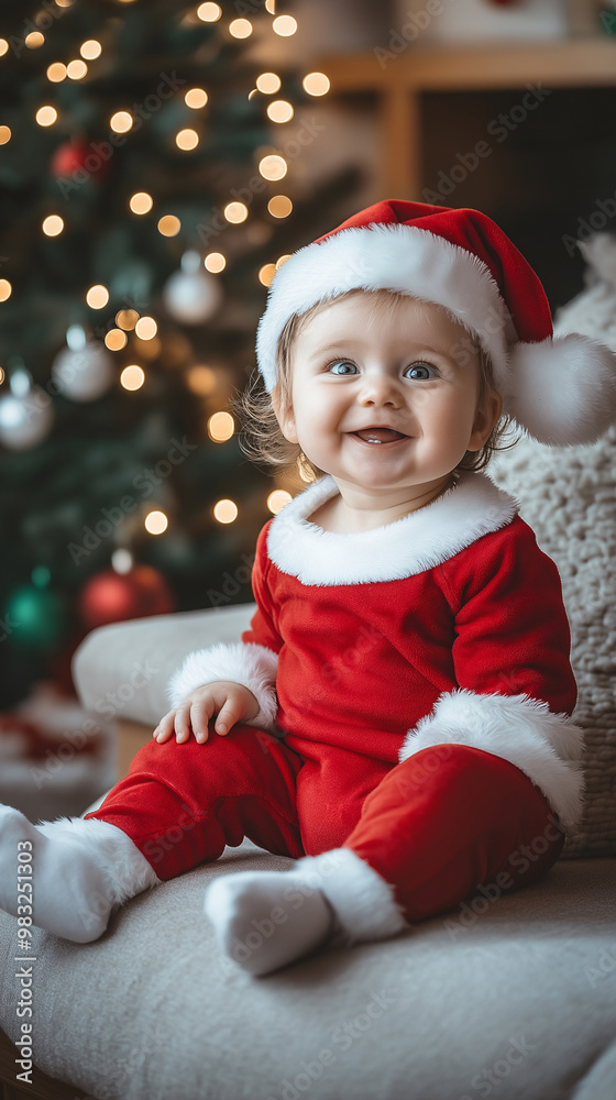 A cute baby wearing an adorable santa claus costume, sitting on the sofa with white lights around it and a Christmas tree behind them. A cute baby wearing an adorable santa claus costume, sitting on the sofa with white lights around it and a Christmas tree behind them.