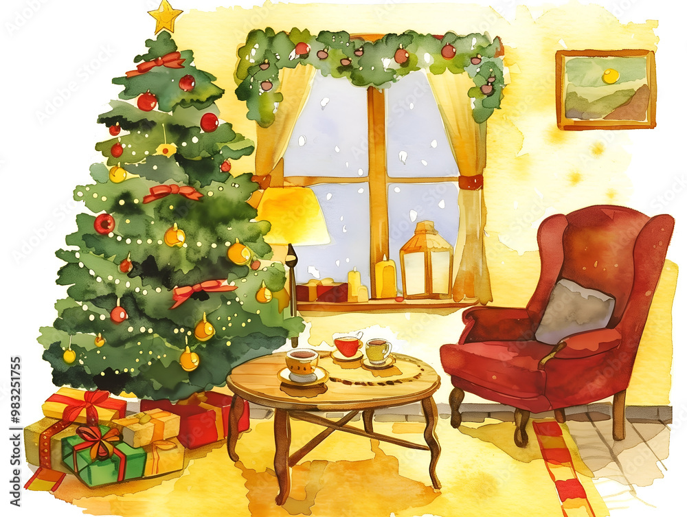 Obraz premium Cozy Christmas interior with a decorated tree, gifts, and warm lighting in a snowy setting