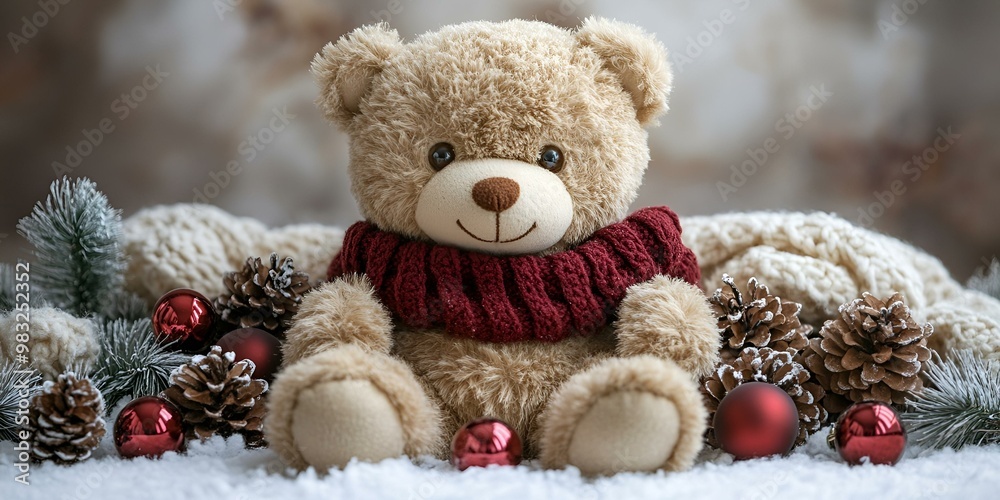 a teddy bear with a scarf and pine cones. a teddy bear with a scarf and pine cones.