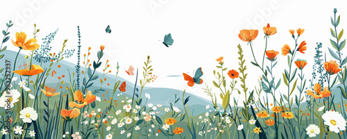 A tranquil meadow blanketed with wildflowers, butterflies, and the distant sound of buzzing bees. Vector flat minimalistic isolated illustration.