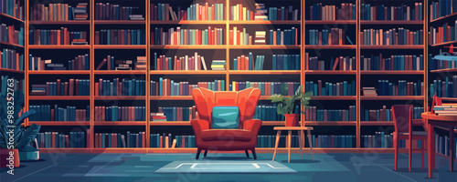 Modern bookstore interior with shelves of books and cozy reading nooks Vector flat minimalistic isolated illustration