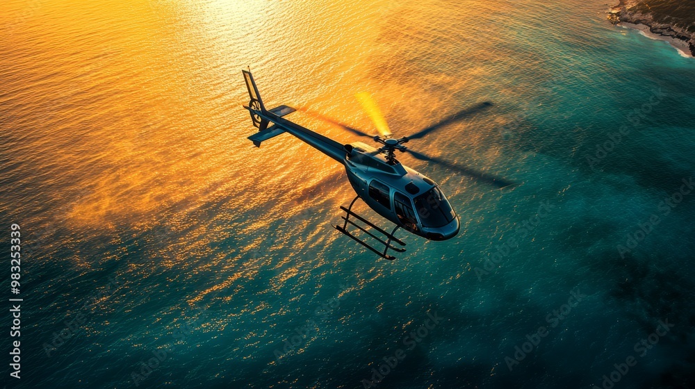 Aerial View of Helicopter Above Ocean at Sunset